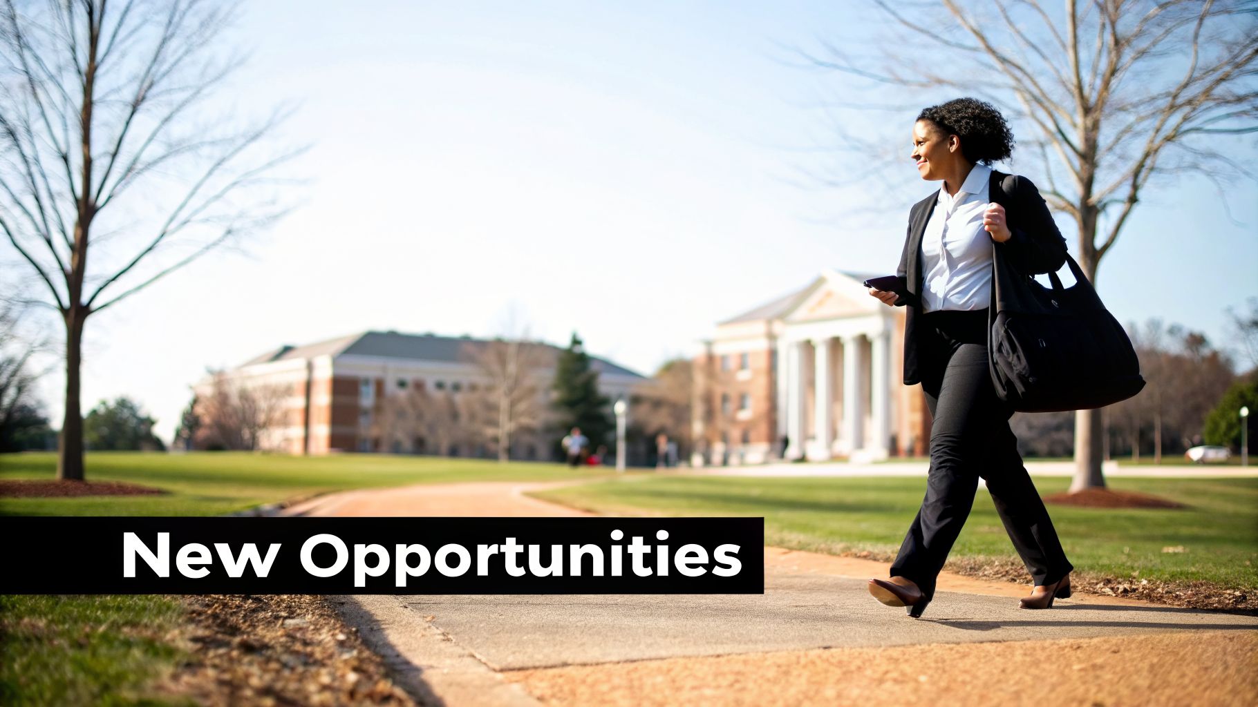 A smiling businesswoman walks on a campus path with a bag and tablet, buildings in background and text 'New Opportunities'.