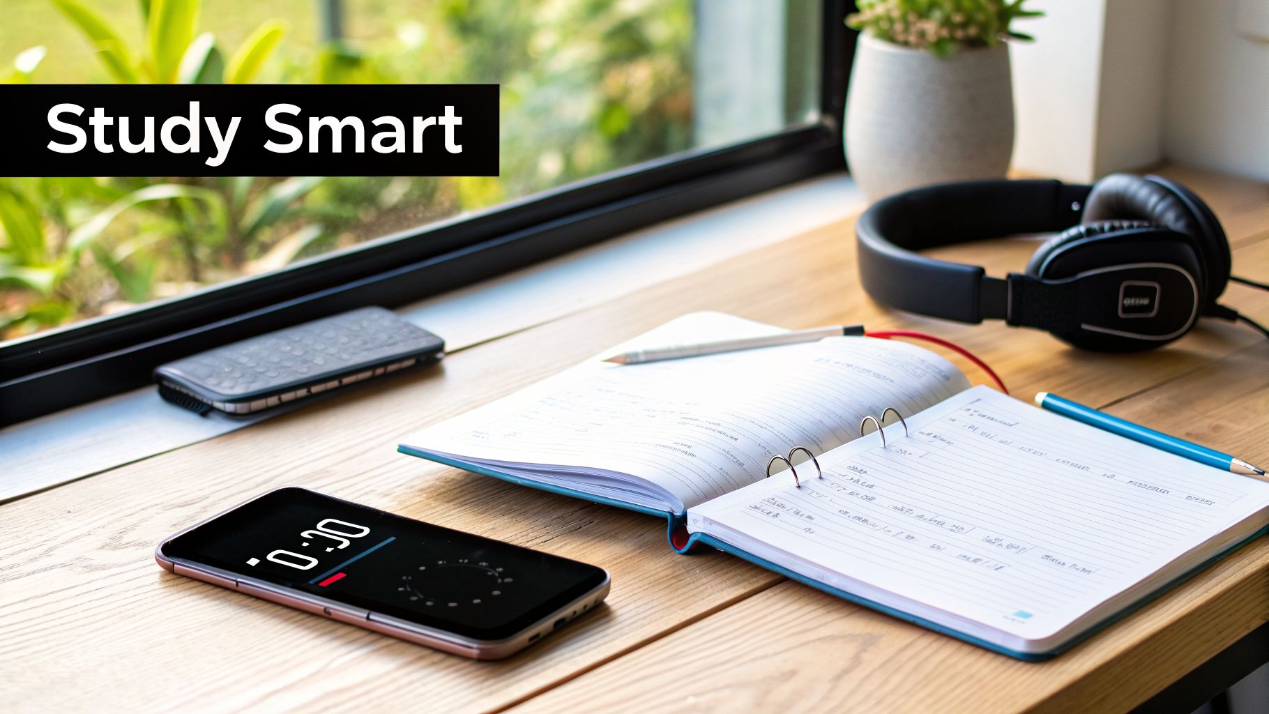 A bright study desk with an open notebook, pencils, headphones, and a phone timer for smart studying.