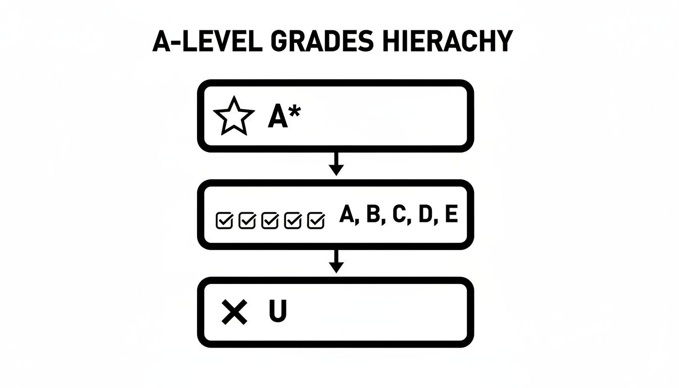 A-Level grades hierarchy diagram showing A* at the top, followed by A-E, and U at the bottom.