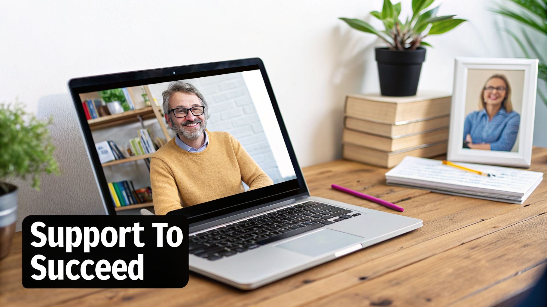 A man smiles on a laptop video call in a cozy home office with books, plants, and 'Support To Succeed' text.