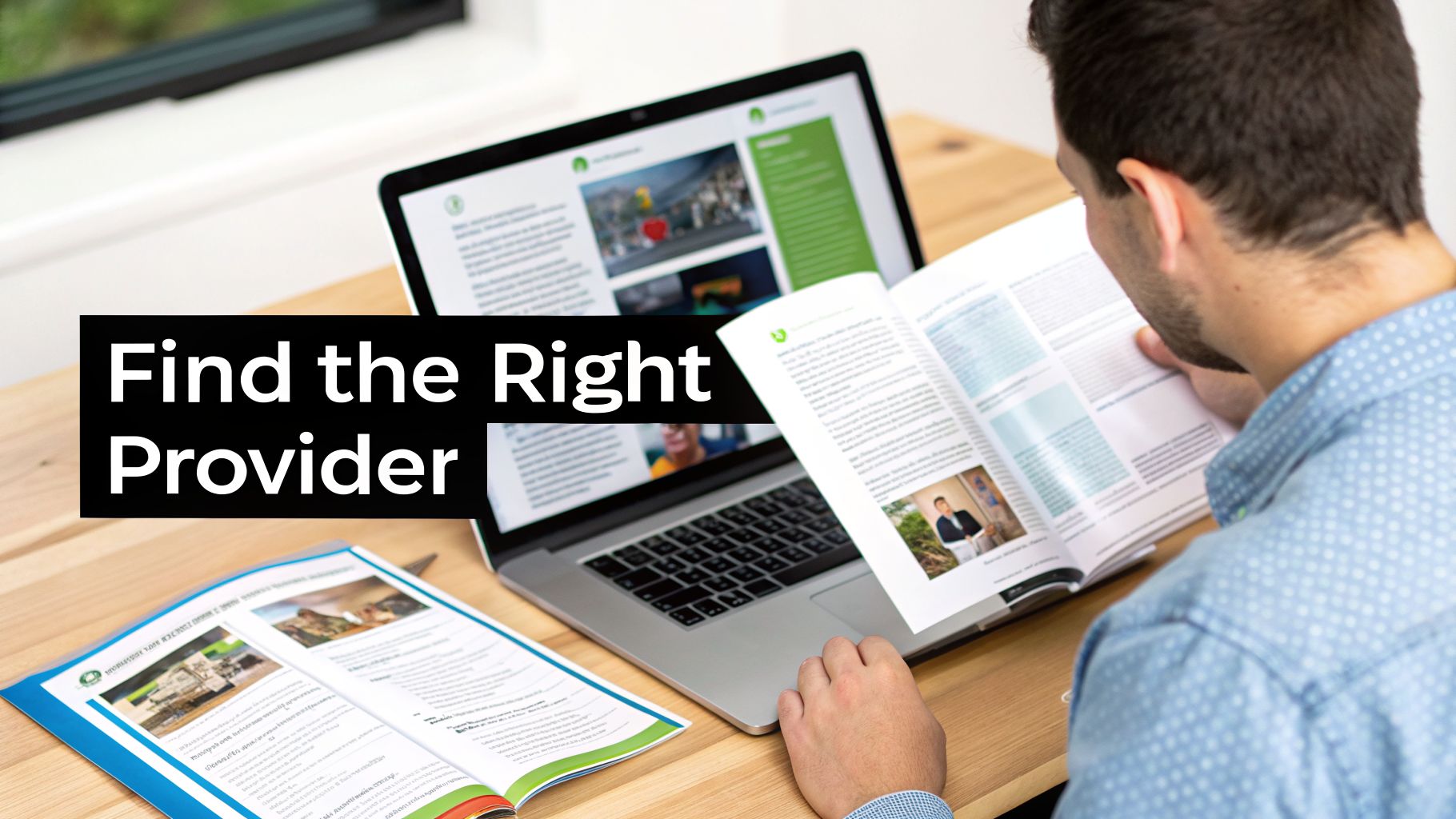 A man reviews brochures and a laptop on a wooden desk, searching for information to find the right provider.