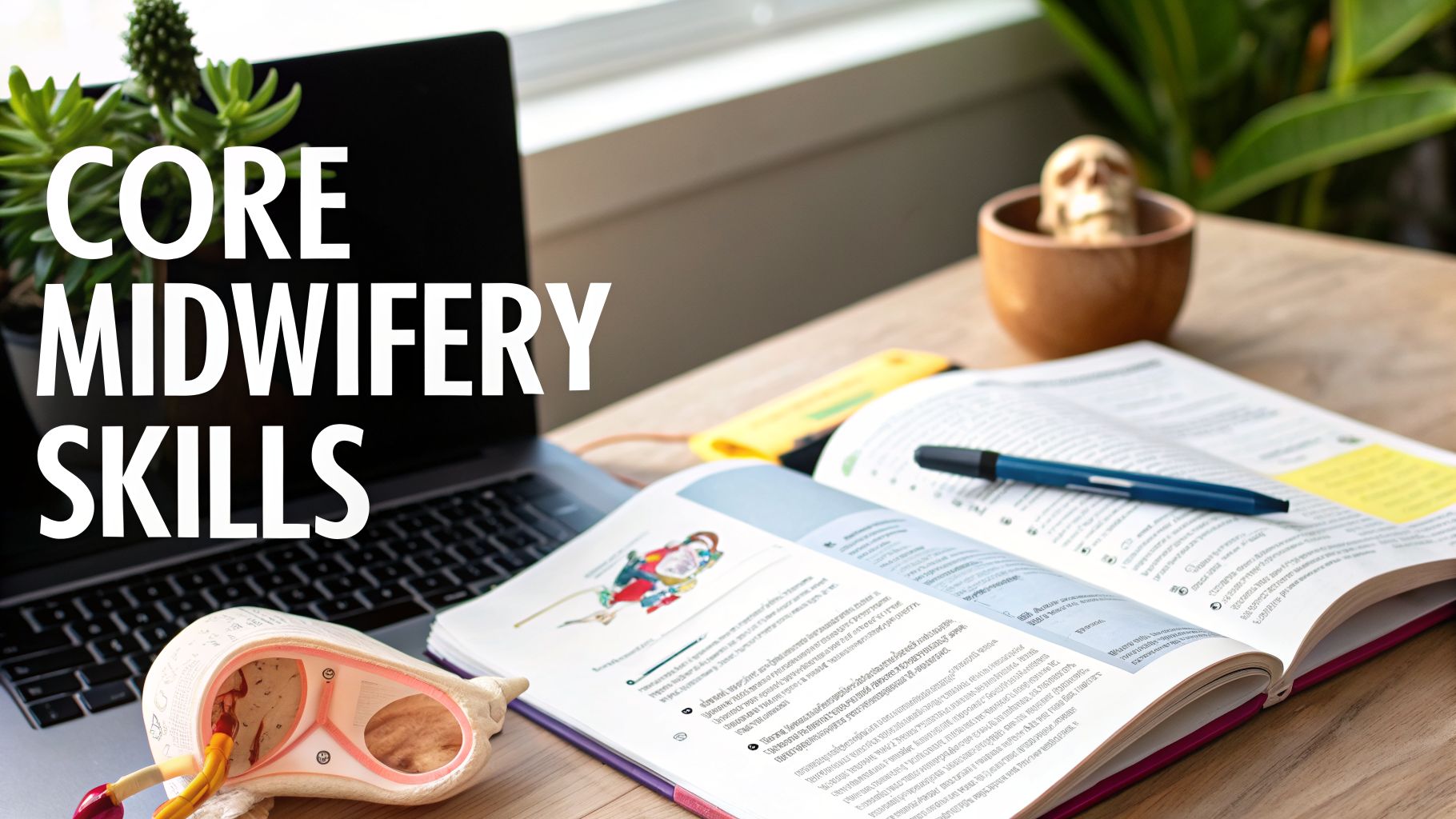 A desk setup for midwifery studies, featuring a laptop, open book, anatomical model, and a skull.