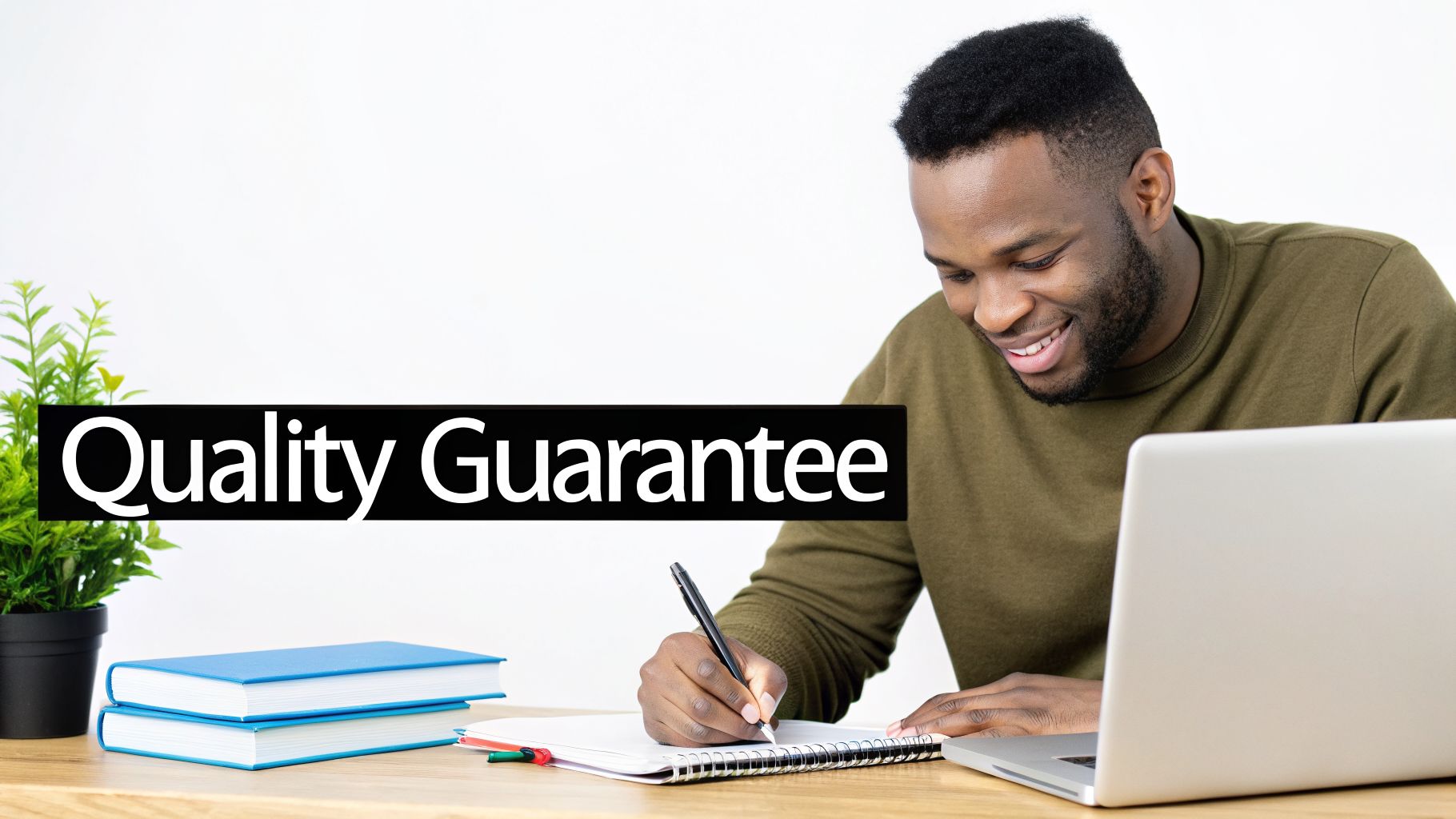 Smiling Black man writing at a desk with a laptop, books, and a 'Quality Guarantee' banner.