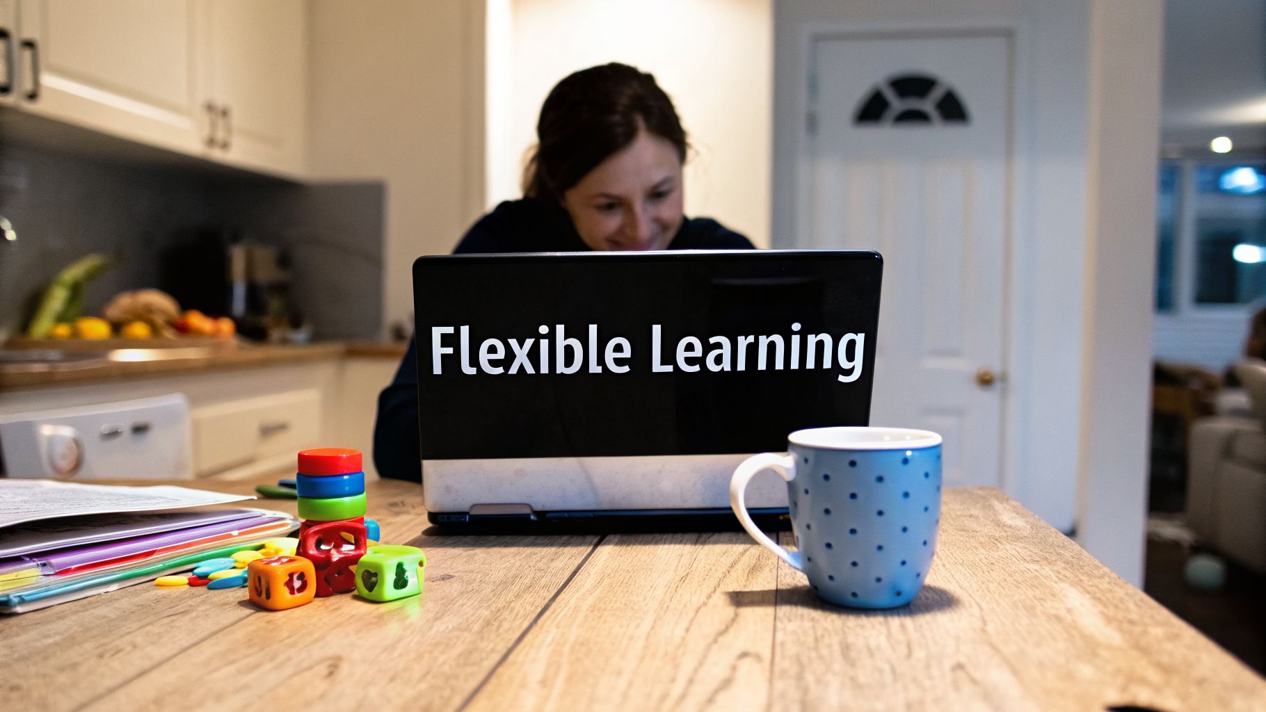 A woman works on a laptop displaying 'Flexible Learning' at a home table with colorful educational toys and a mug.