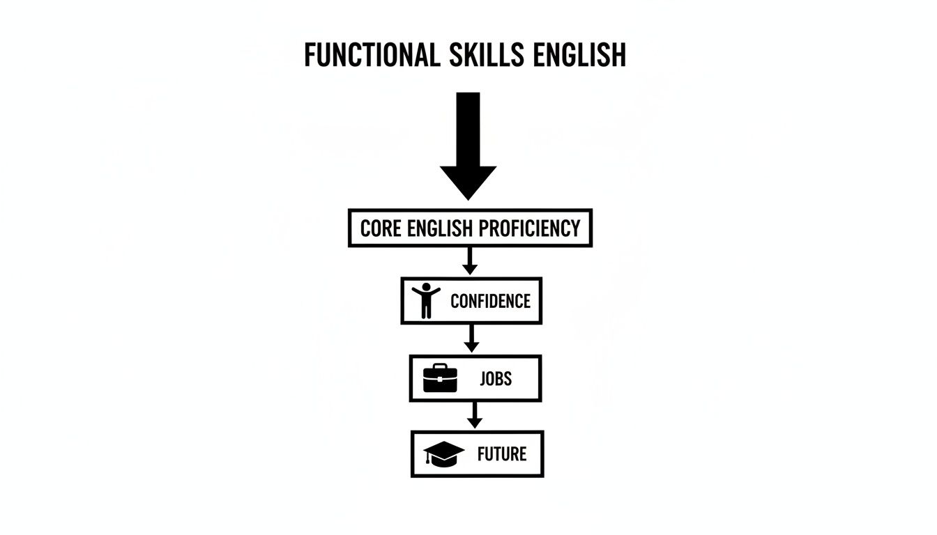 A flowchart illustrating how Functional Skills English leads to Core English Proficiency, Confidence, Jobs, and a brighter Future.