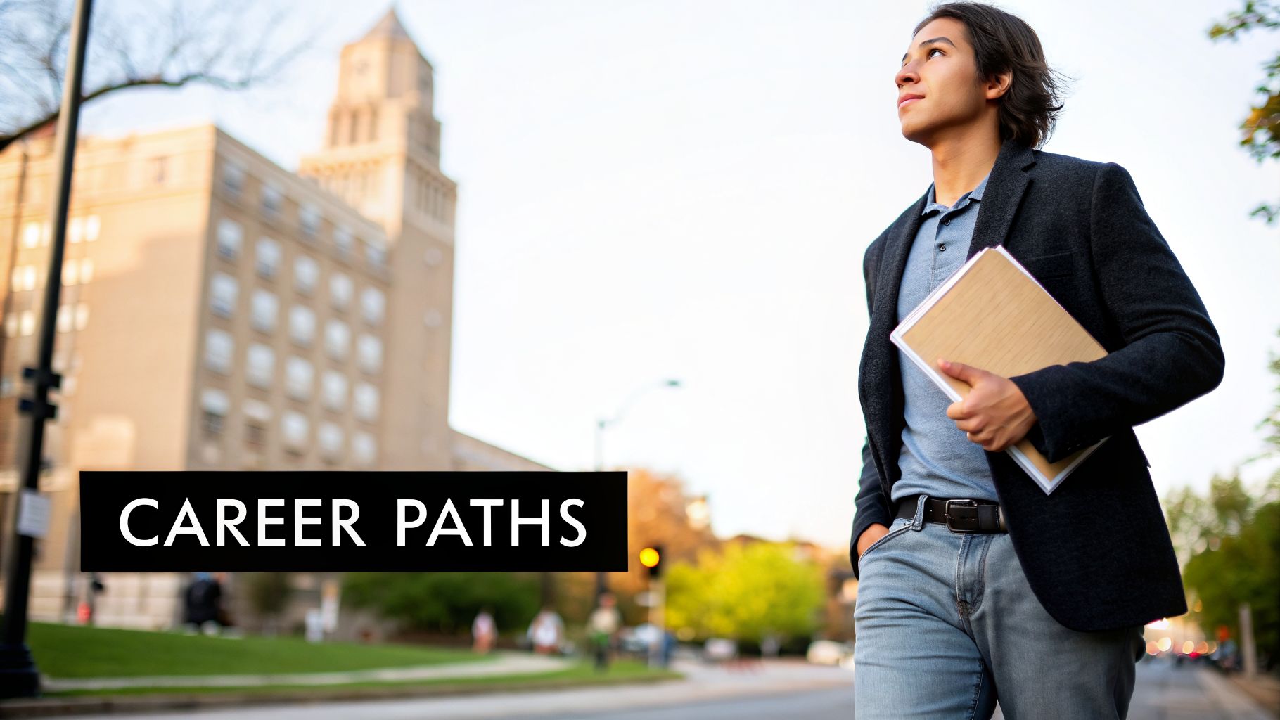 A young man walks purposefully with a book on a college campus, looking towards the future.