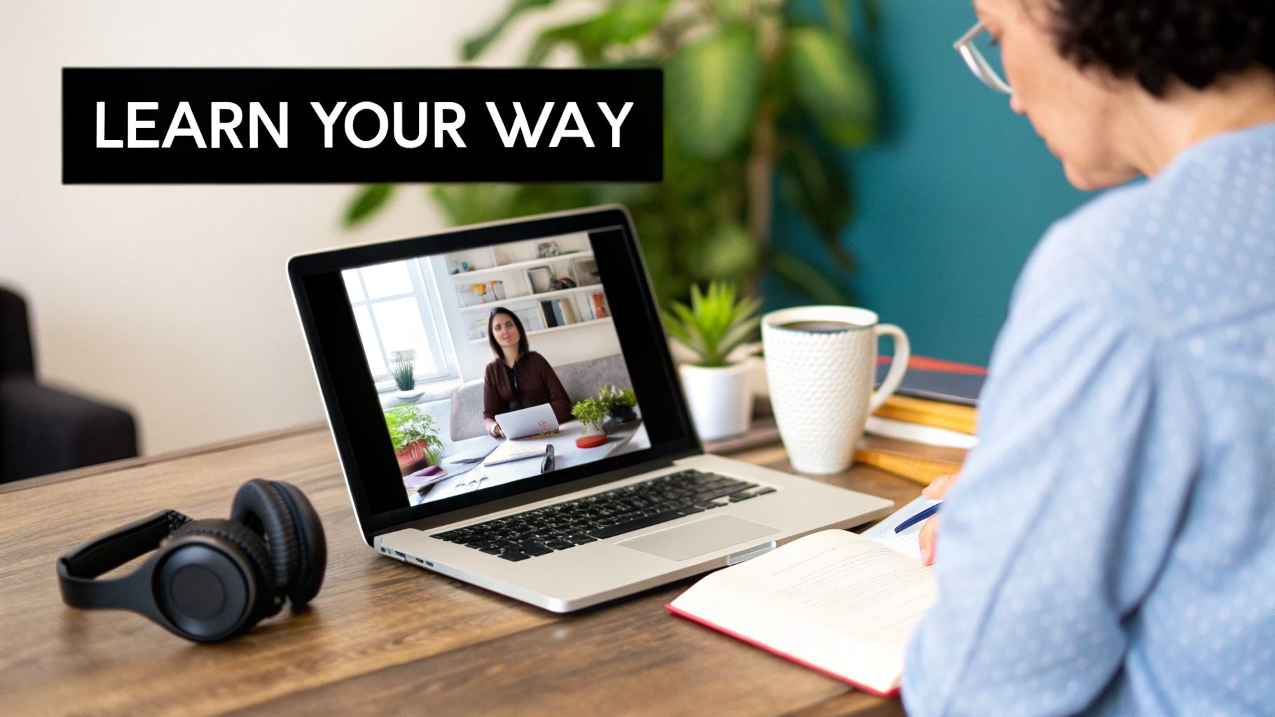 A person studies online, taking notes from a laptop displaying a tutor, with headphones and coffee.