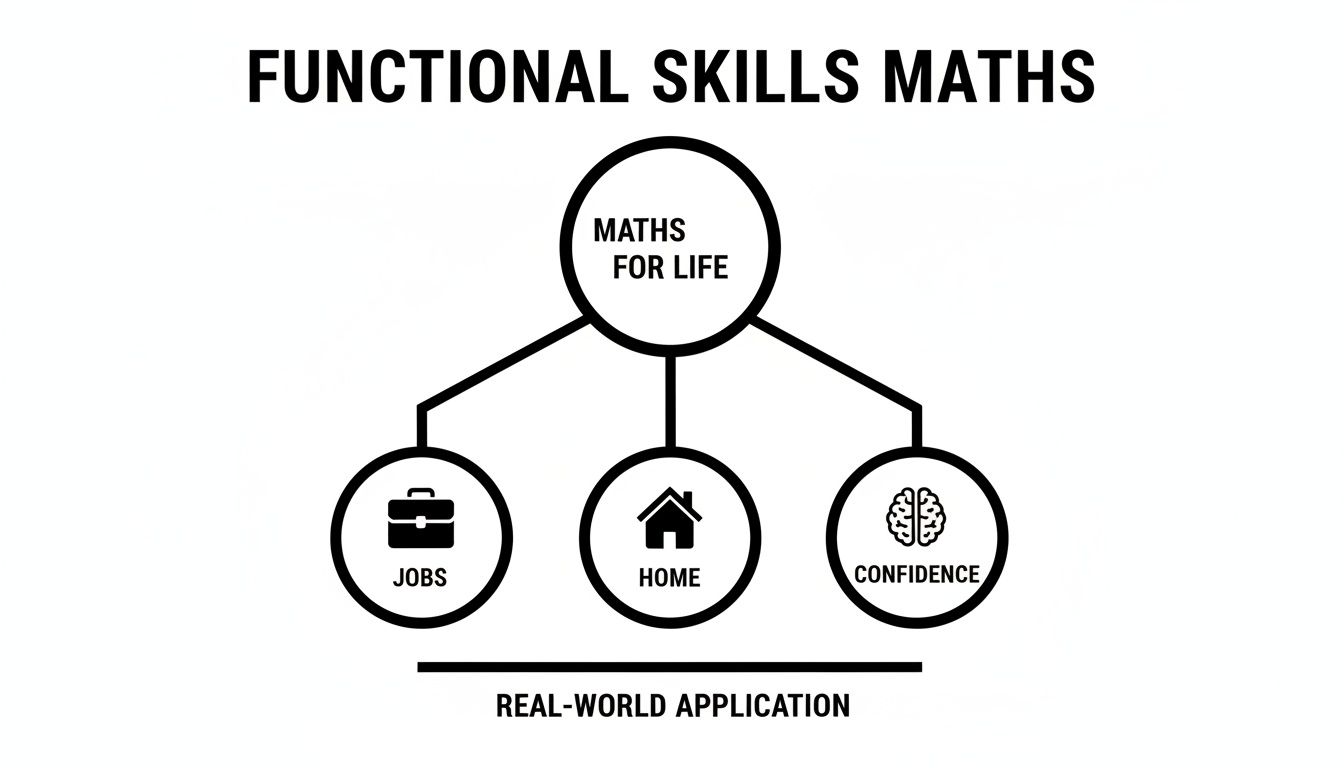 A functional skills maths diagram shows 'Maths for Life' branching to 'Jobs', 'Home', and 'Confidence' for real-world application.
