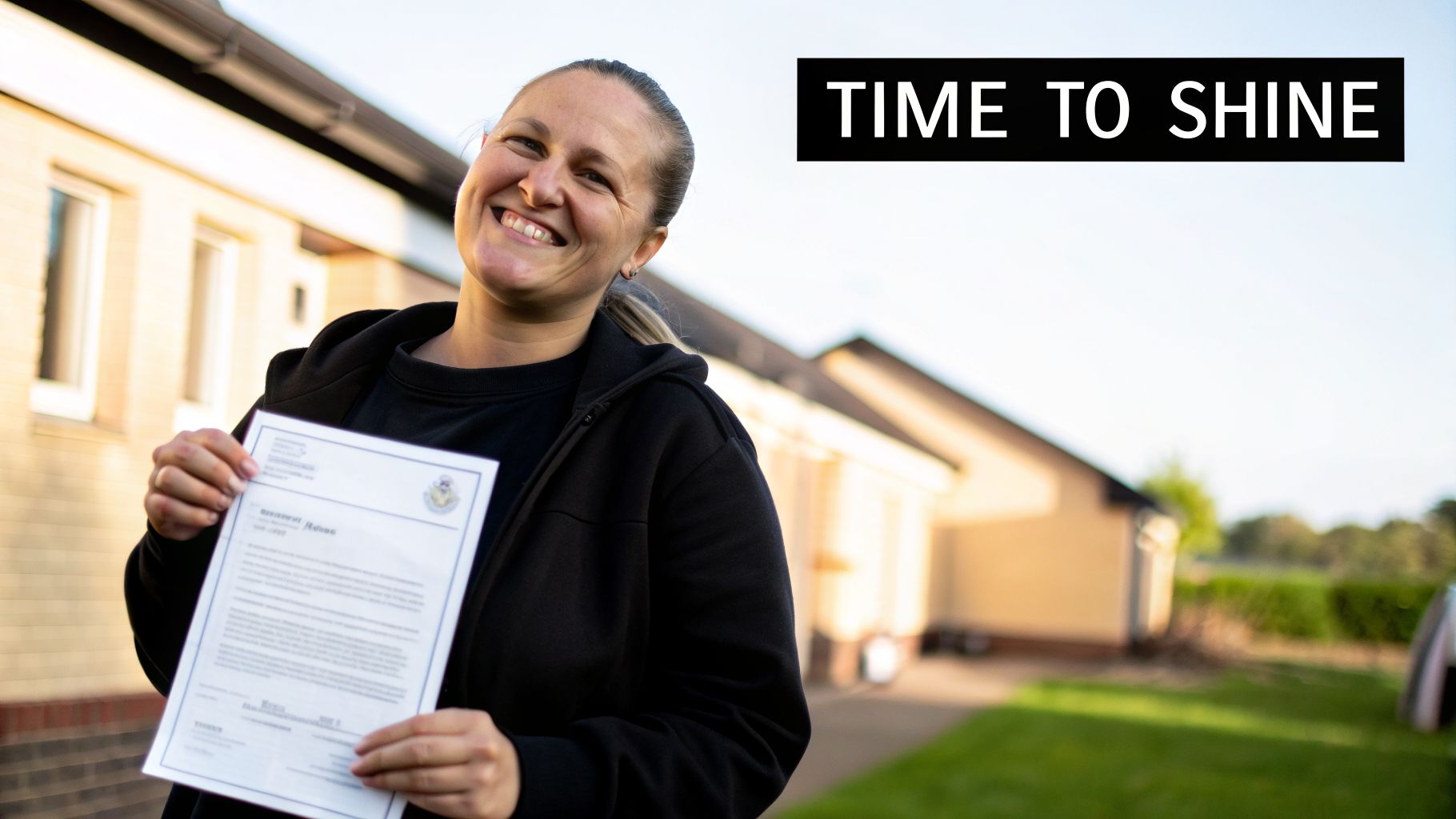 A smiling woman proudly holds a document outdoors in front of a building, with a "TIME TO SHINE" banner.