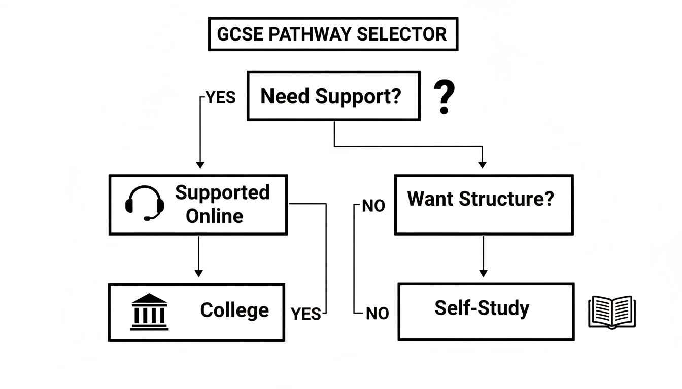 A GCSE pathway selector flowchart guides users through supported online, college, or self-study options based on support and structure needs.
