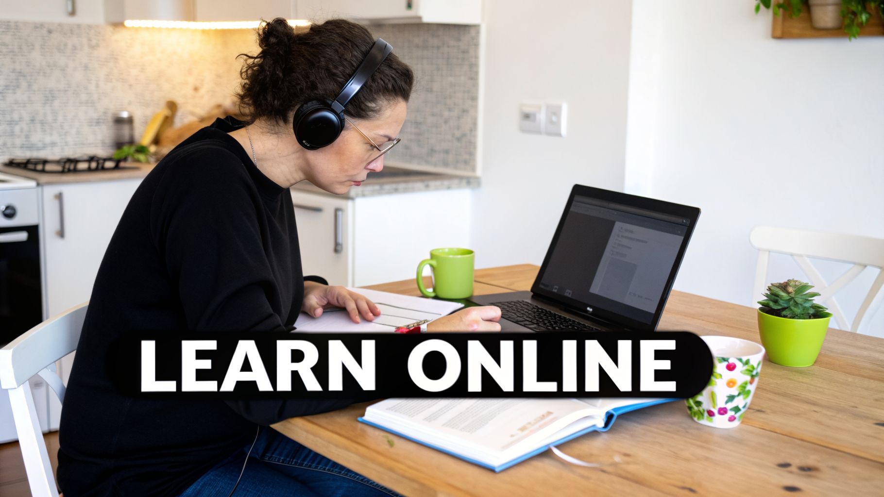 A woman with headphones and glasses studies online with a laptop, book, and notes at a wooden table.