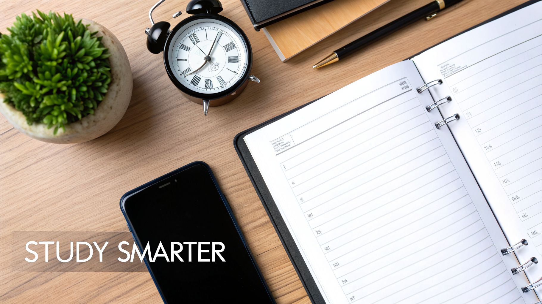 Overhead view of a study desk with an alarm clock, open planner, smartphone, and a green plant.