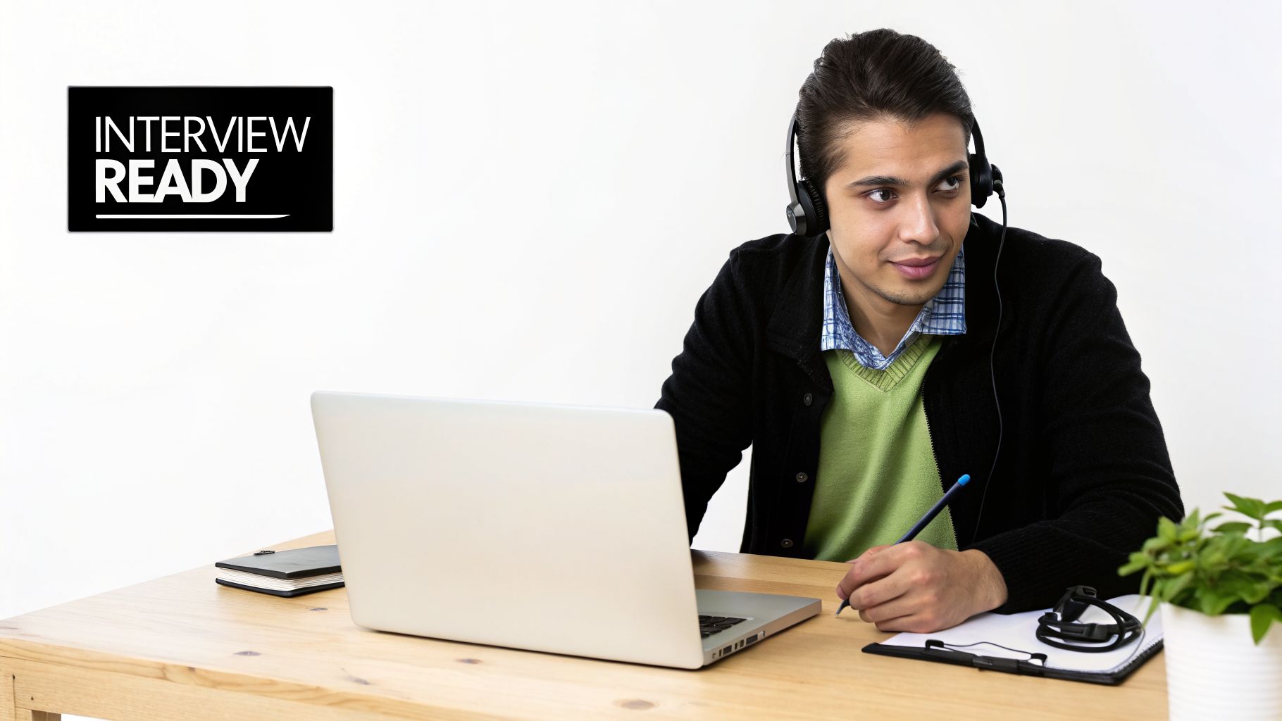 A young man wearing headphones sits at a desk with a laptop, writing notes, and an "INTERVIEW READY" sign.