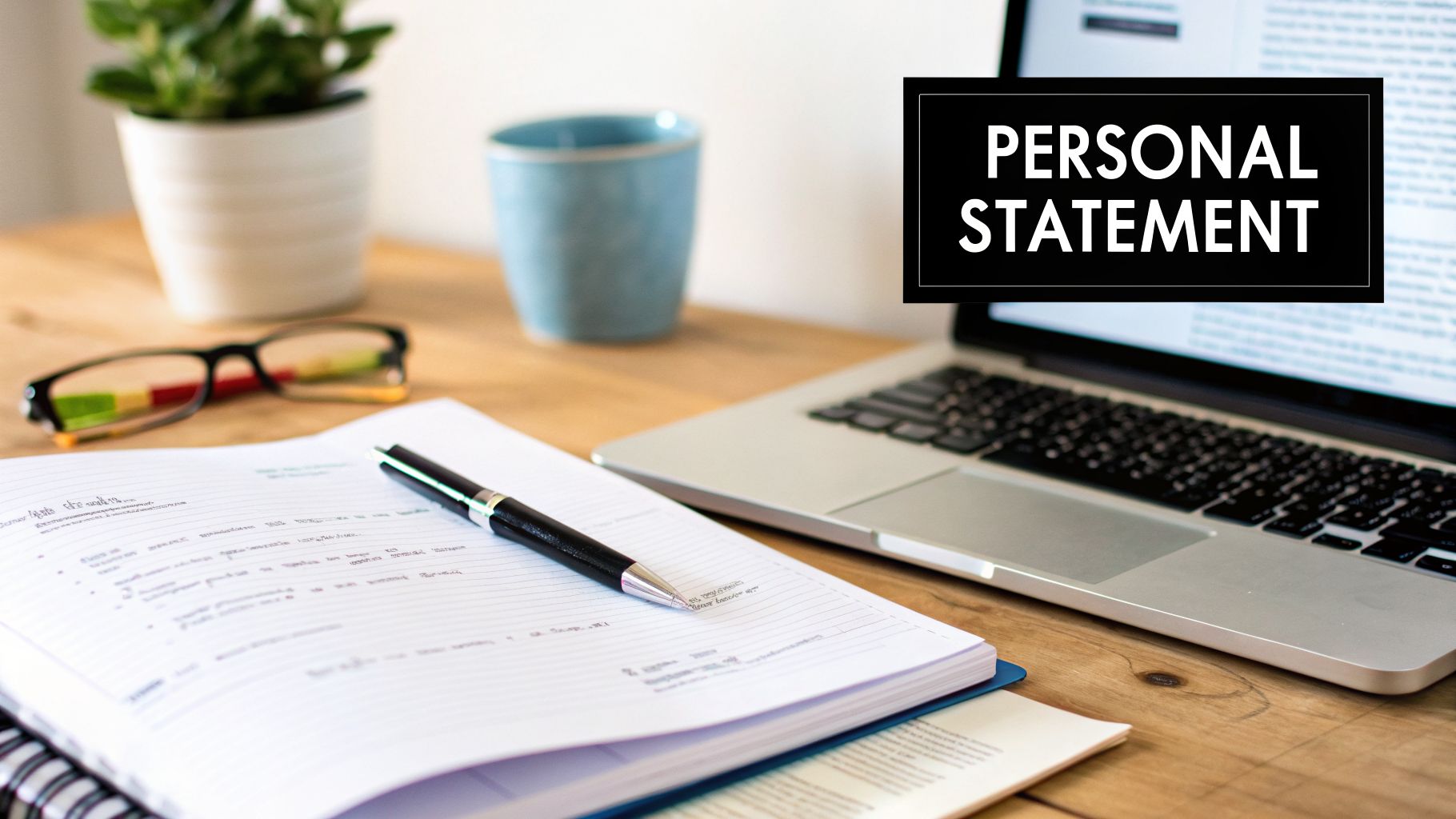 A laptop screen displays 'PERSONAL STATEMENT' next to a notebook, pen, glasses, and plant on a wooden desk.