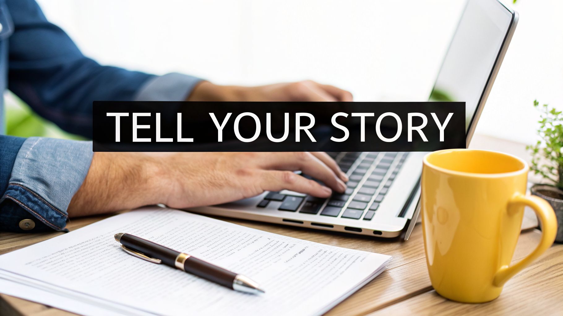 Hands typing on a laptop with a 'Tell Your Story' message, alongside documents and a yellow mug.