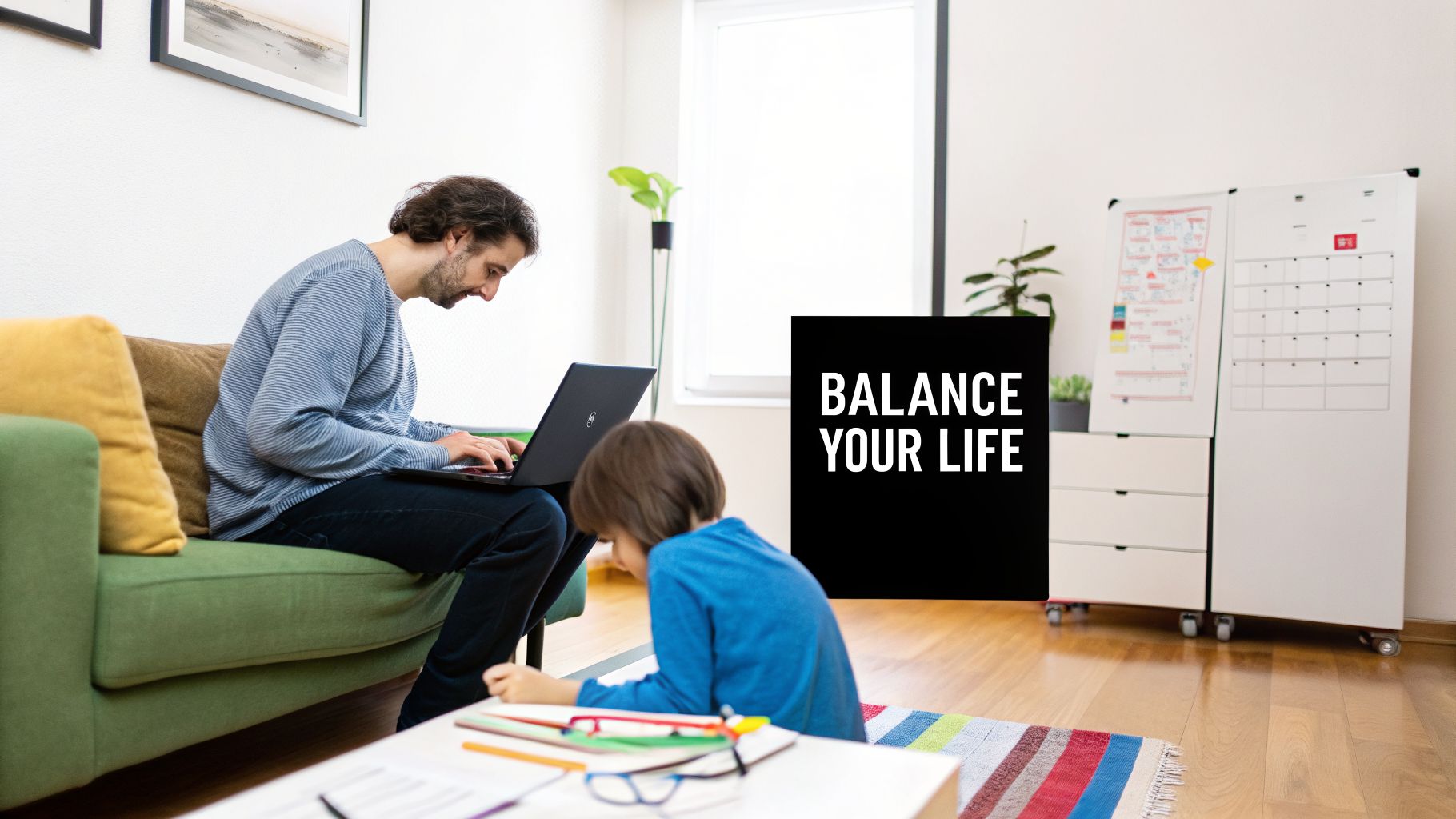 A man works on a laptop on the couch at home next to a child studying, promoting life balance.