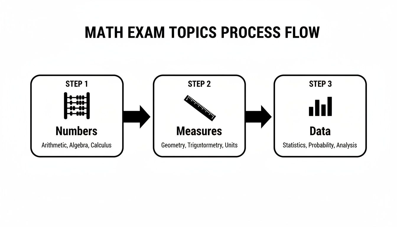 A flow chart outlining math exam topics process: Numbers, Measures, and Data.