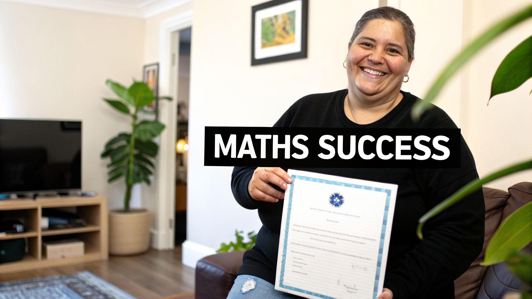 A smiling woman proudly holds up a math certificate in her living room, with 'MATHS SUCCESS' text.
