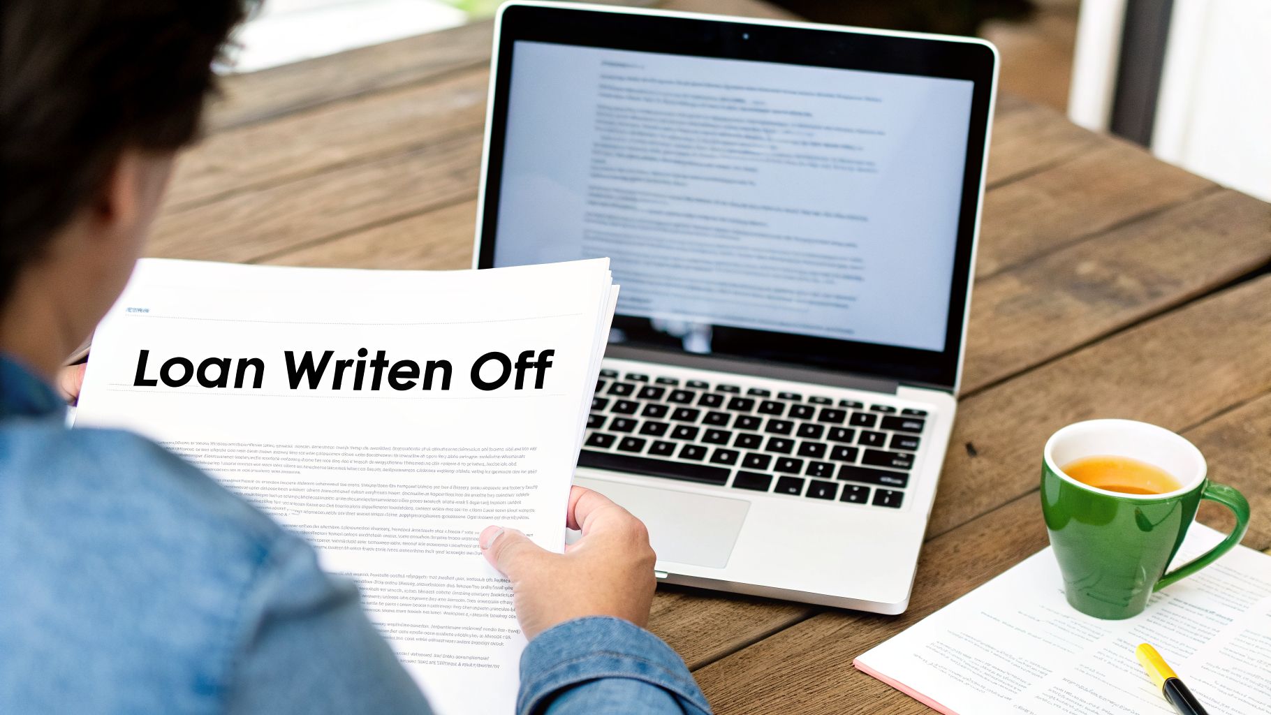 Person holding documents titled 'Loan Written Off' next to a laptop and a green tea mug.