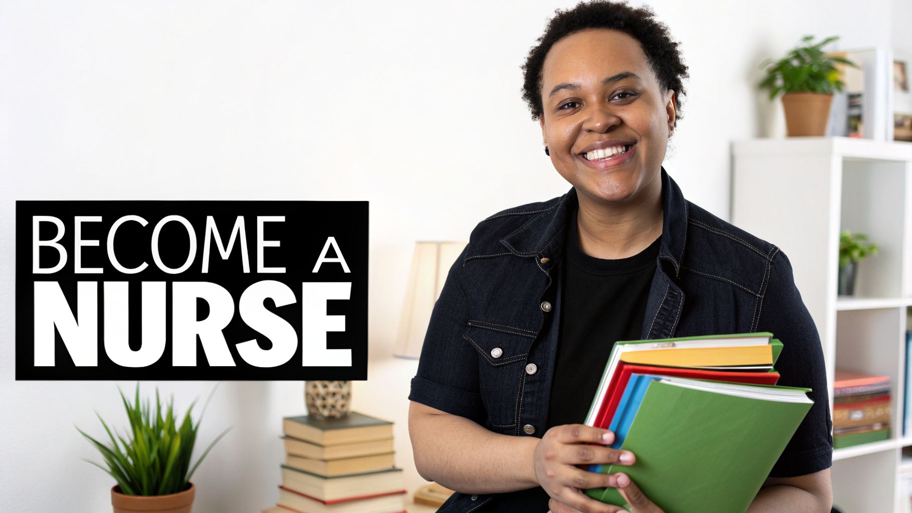 A smiling student holds colorful books with "BECOME A NURSE" text on a black rectangle.