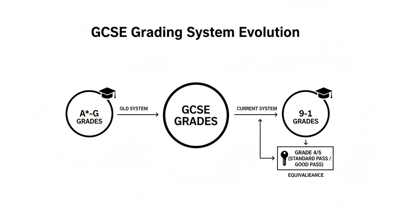 Diagram illustrating the evolution of GCSE grading systems, from A*-G to 9-1 grades.