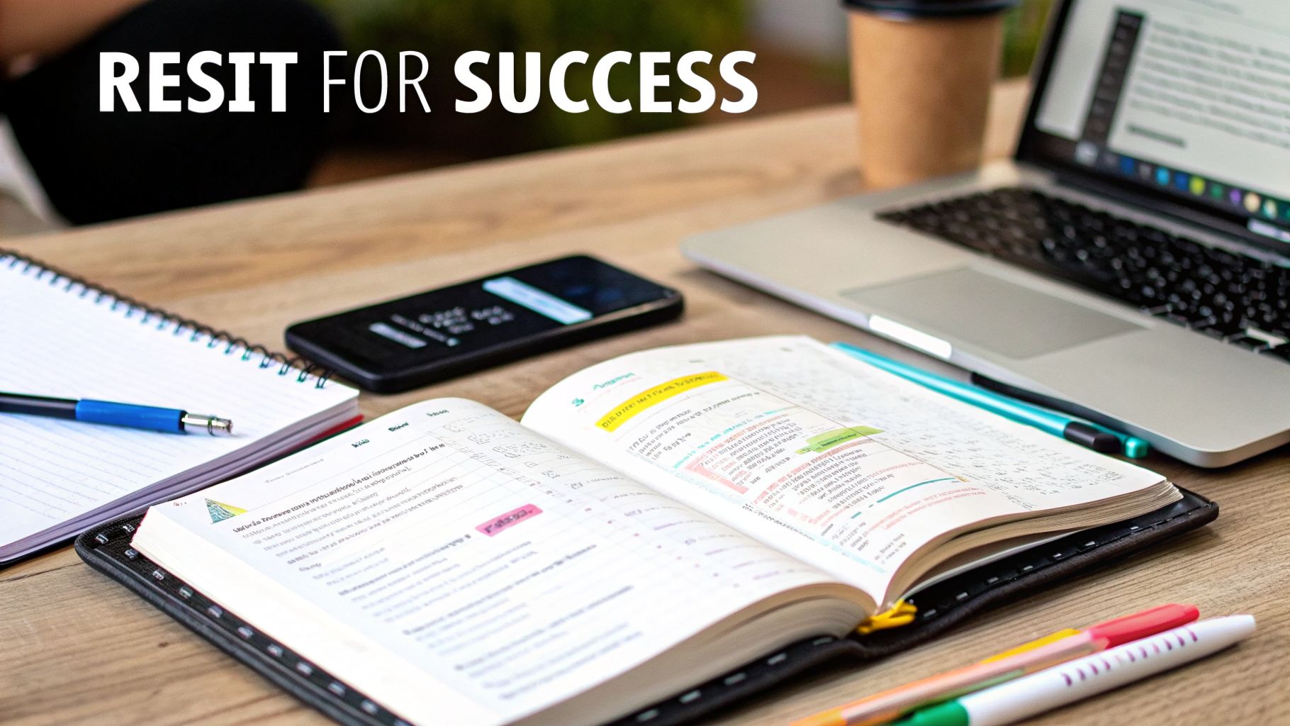 A busy student workspace with notebooks, pens, a laptop, and phone, highlighting 'RESIT FOR SUCCESS'.