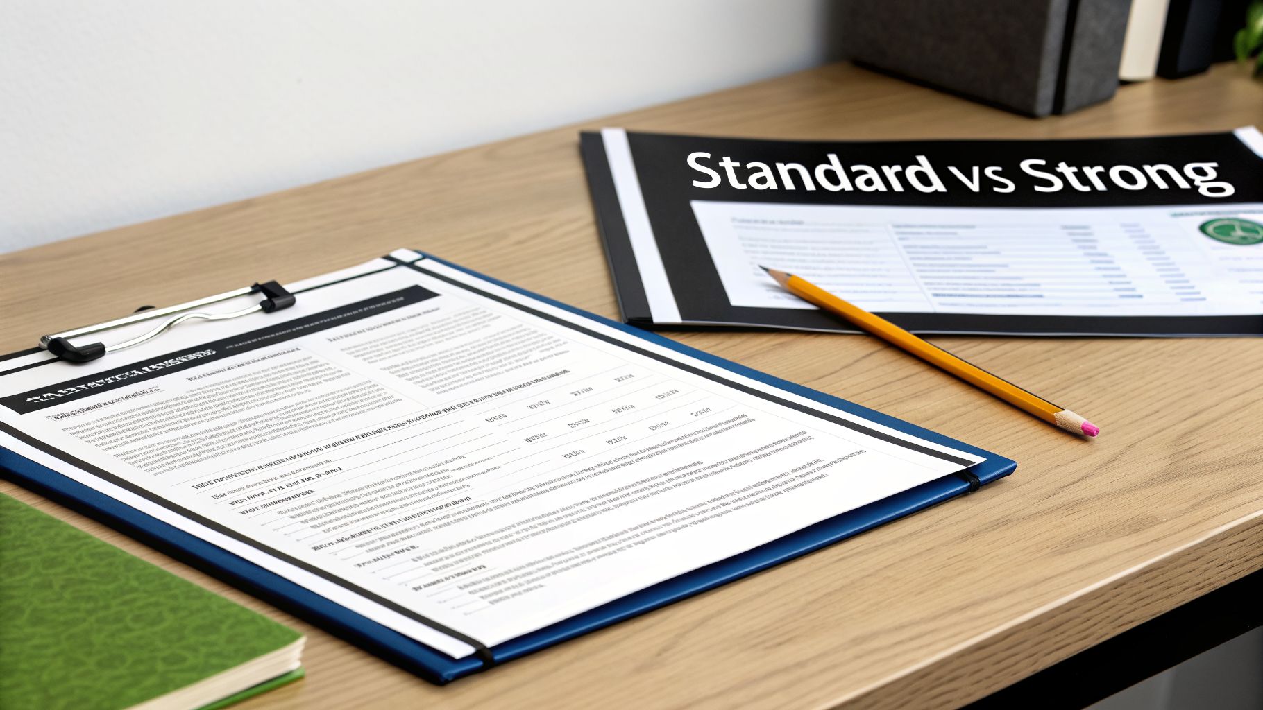 A wooden desk with study materials, including a clipboard, green book, and 'Standard vs Strong' folder.