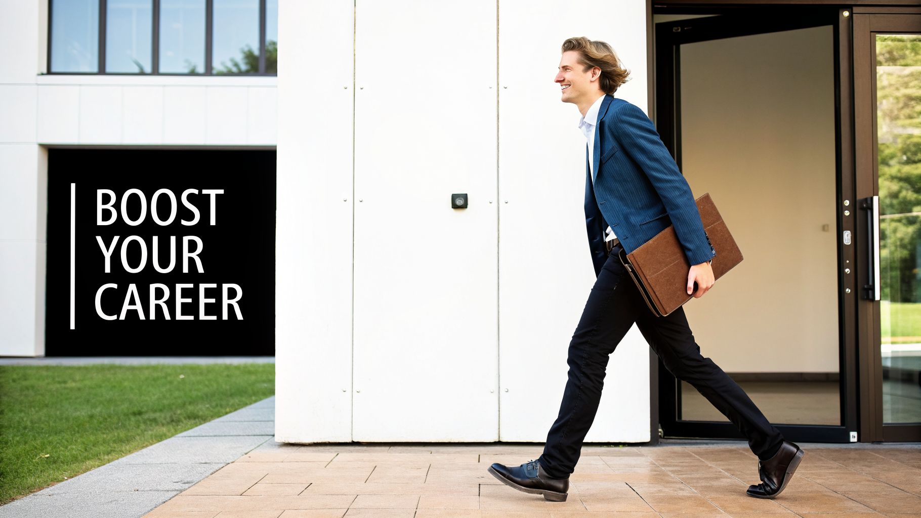 A smiling man in a suit jacket and black pants walks confidently with a briefcase past a building with "BOOST YOUR CAREER" text.