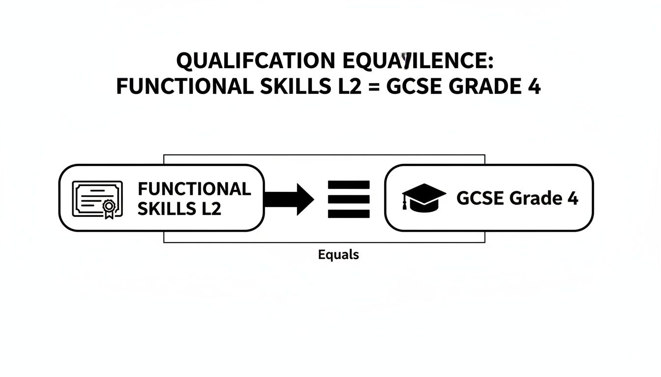 Visual representation showing Functional Skills L2 is equivalent to GCSE Grade 4 qualification.