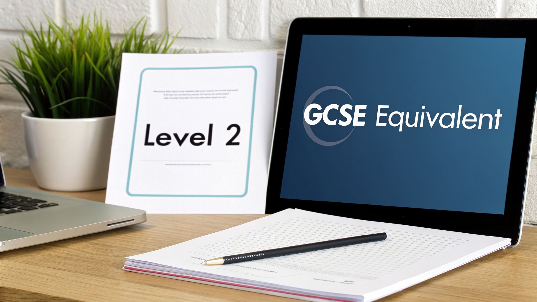 Educational scene with a laptop displaying GCSE Equivalent, a Level 2 document, and study materials.