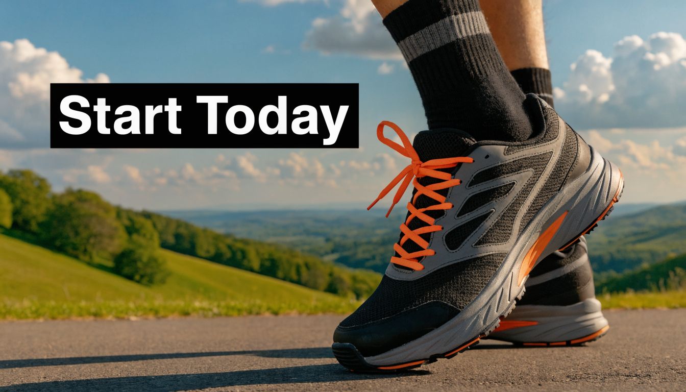 A close-up of a runner's shoes on a road with a scenic hilly landscape in the background.