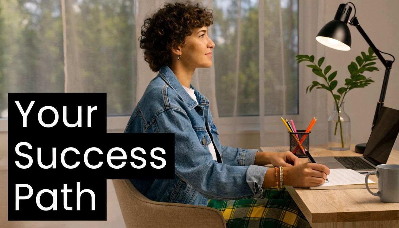A woman with curly hair studies at her desk while writing in a notebook next to a laptop.