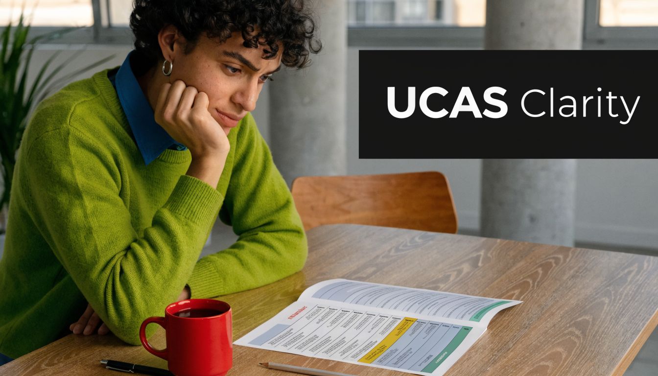 A student in a bright green sweater studying a table of UCAS points while sitting at a desk.