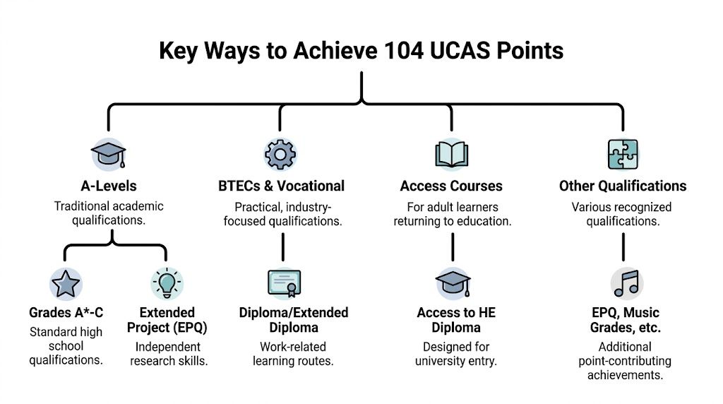 A diagram illustrating different pathways and qualifications for achieving 104 UCAS points for university entrance.