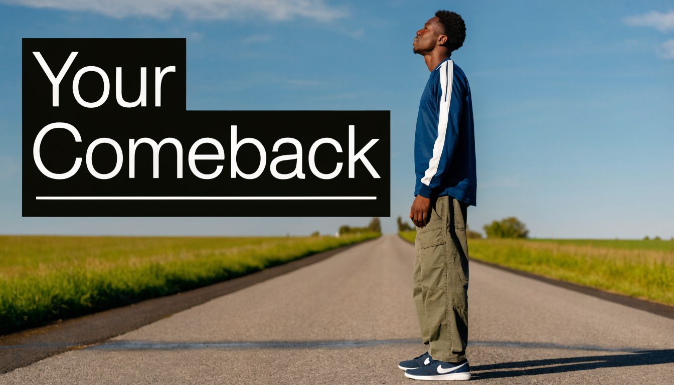 A man standing in the middle of a rural road looking toward the sky with text overlay.