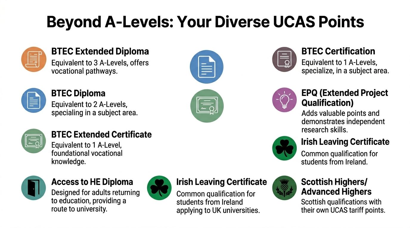 An infographic titled Beyond A-Levels explaining various UK qualifications and their equivalencies for university entrance.