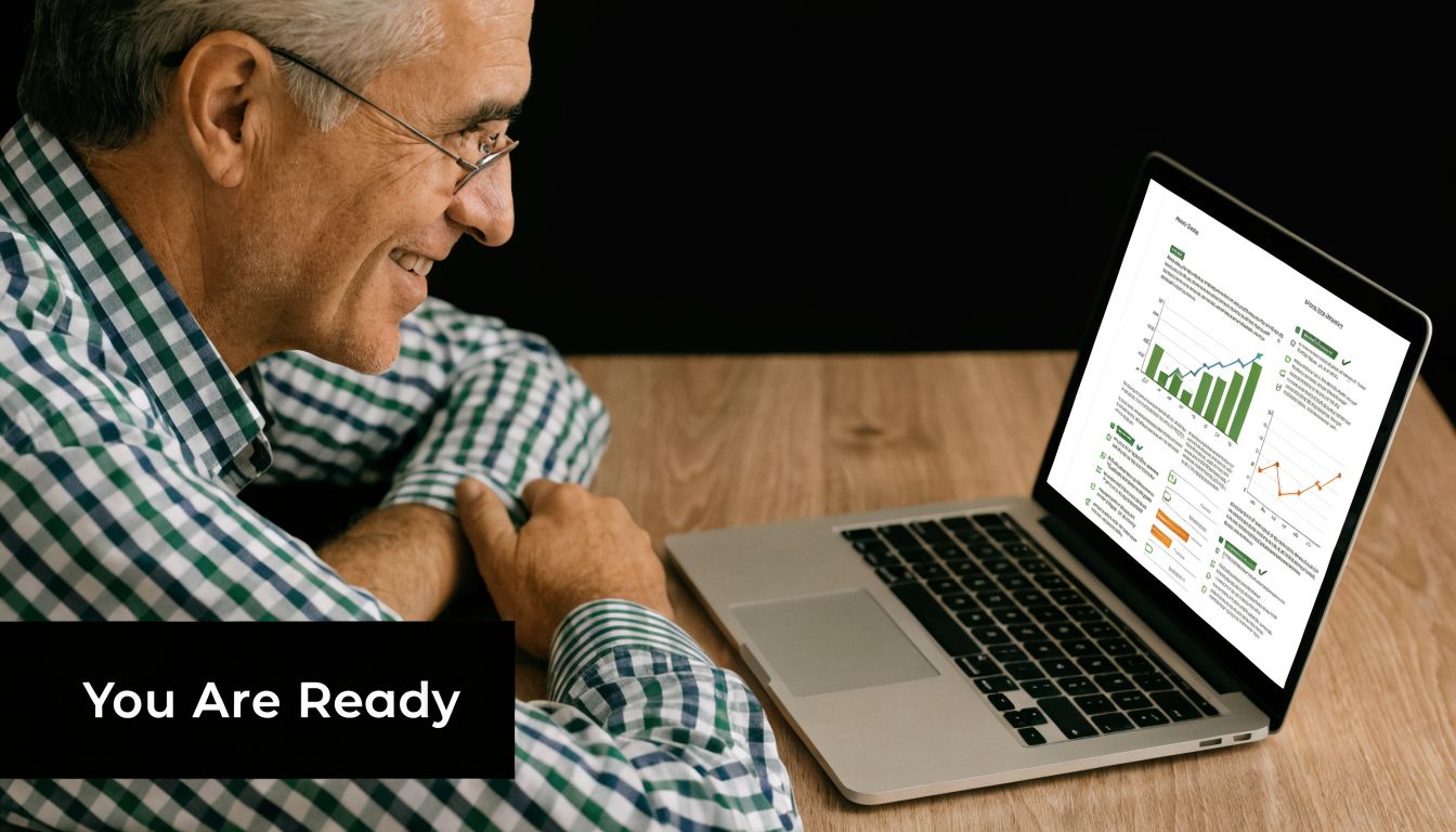 A smiling older man wearing glasses looking at business data charts on a laptop screen.