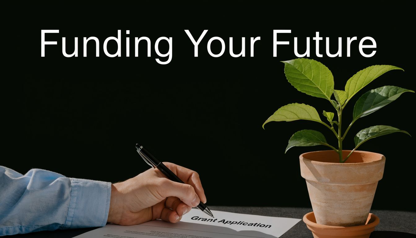 A person writes on a grant application paper next to a small green plant in a pot.
