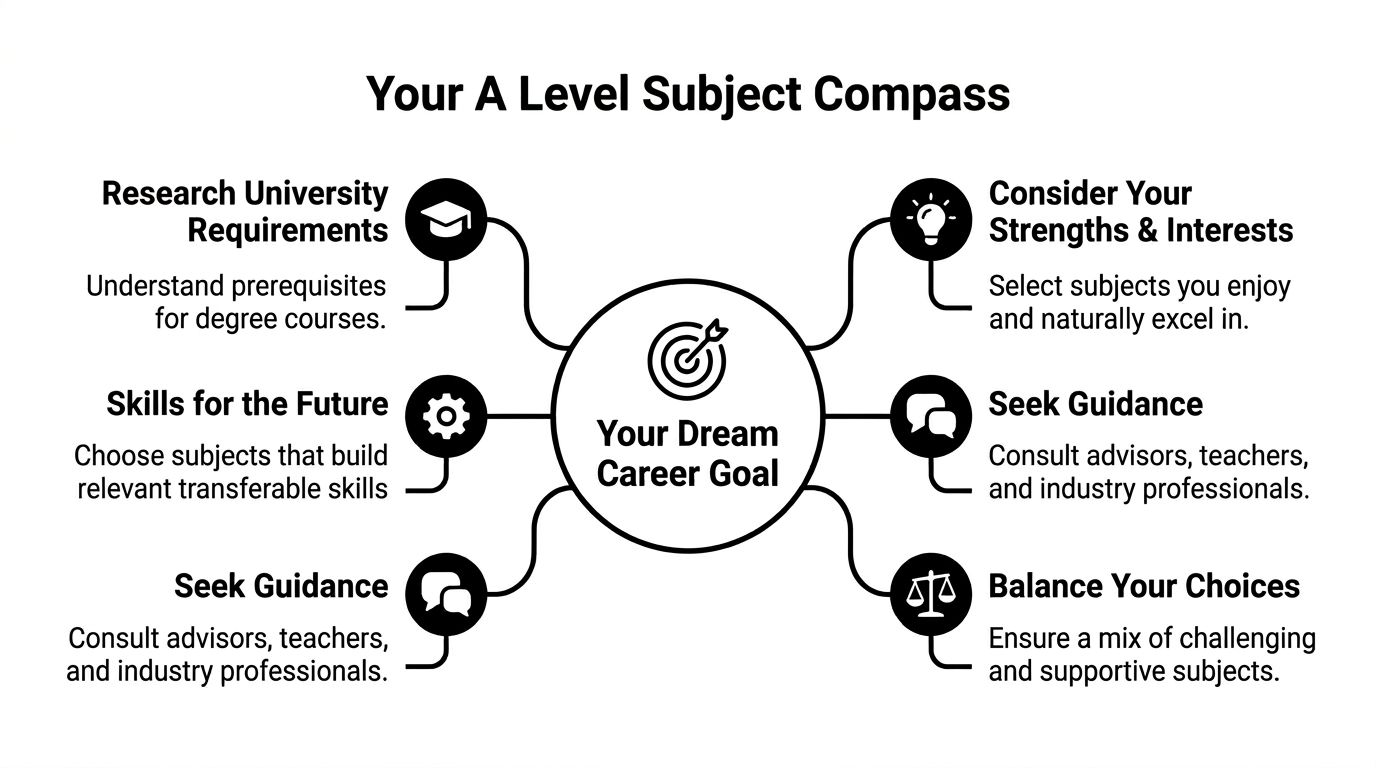 A diagram titled Your A Level Subject Compass showing six steps to choose subjects for career goals.