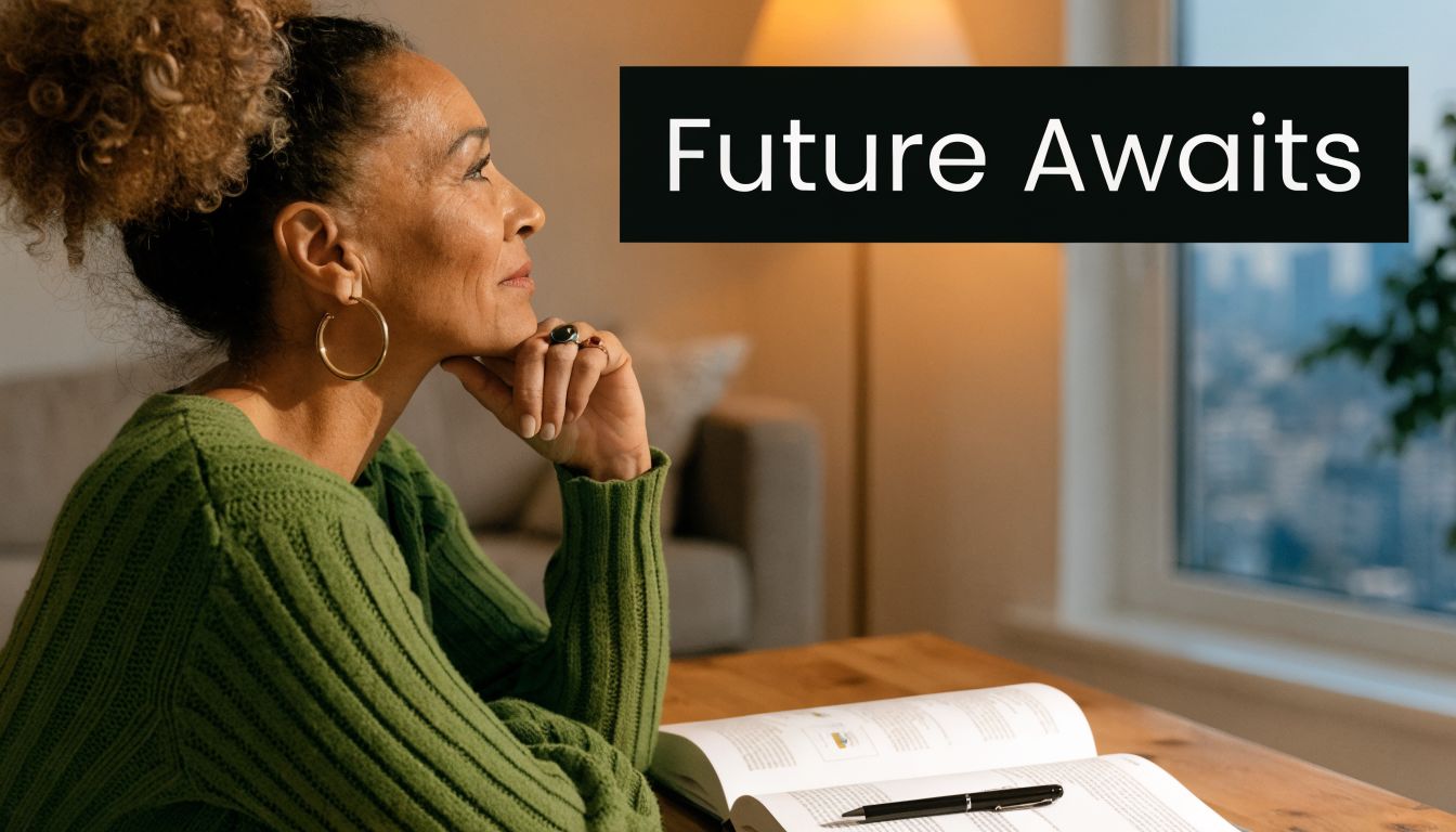 A mature woman studying at a wooden table, looking thoughtfully out of a large window while reading.