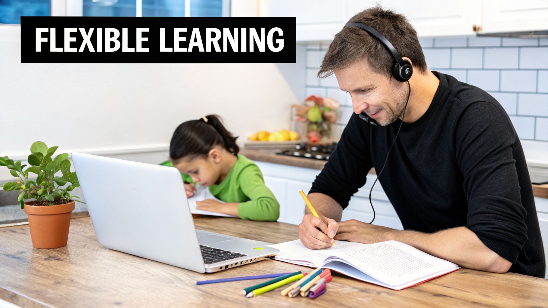 A man in a headset and a girl are focused on learning at home, demonstrating flexible education.