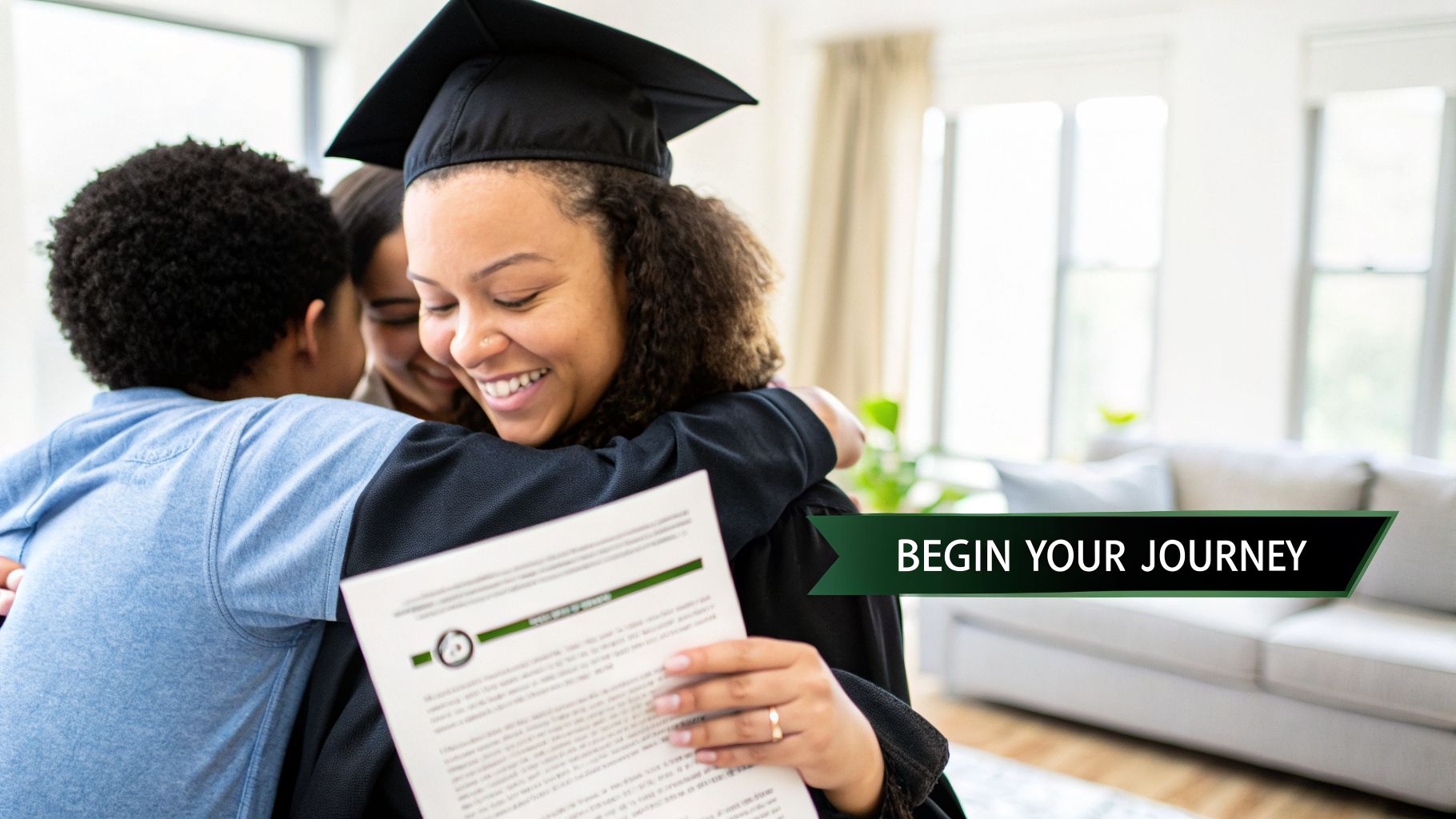 A joyful graduate in a cap and gown embraces family, holding her diploma.
