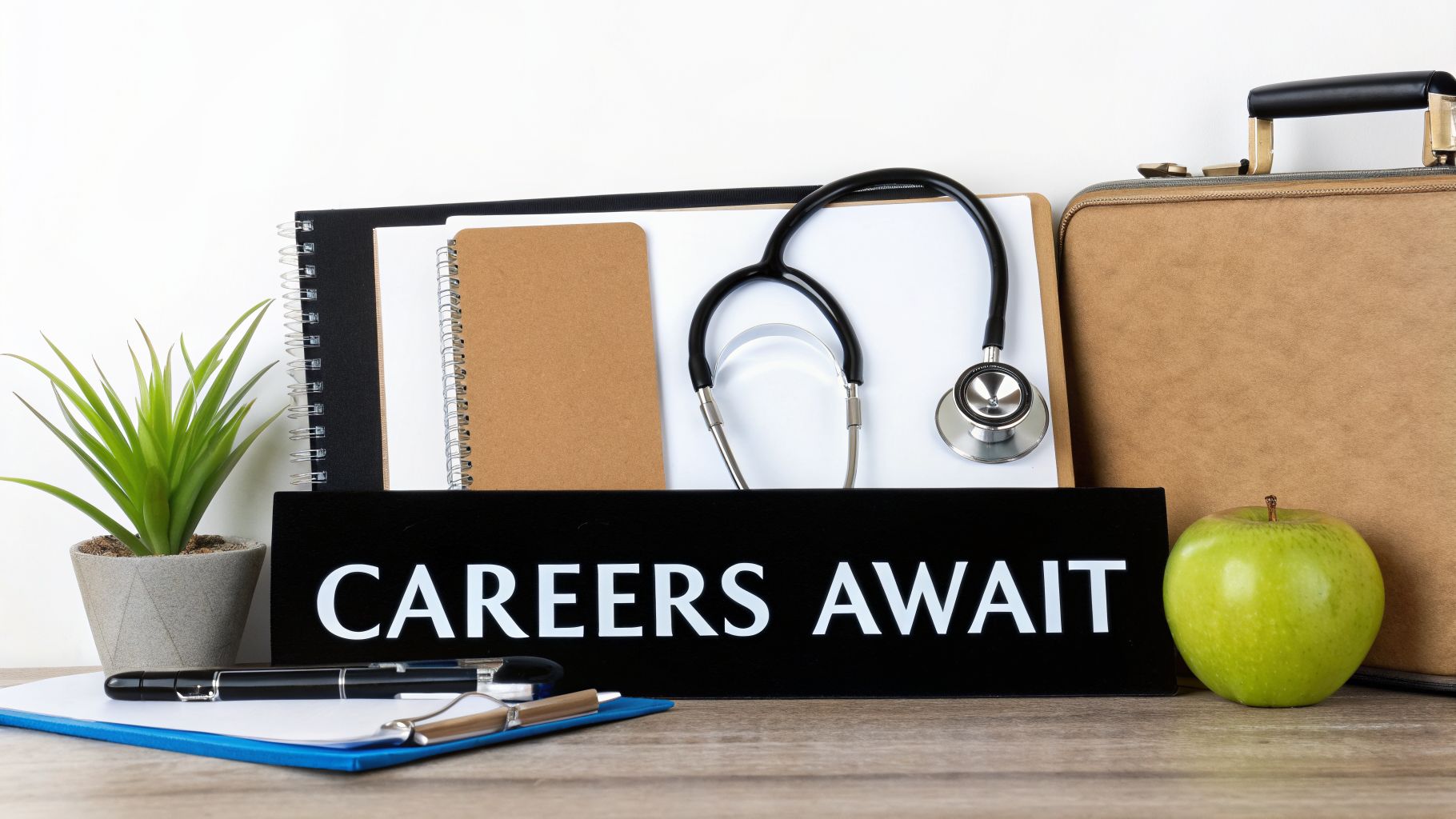 Desk setup with a 'CAREERS AWAIT' sign, stethoscope, notebooks, and an apple, symbolizing medical careers.