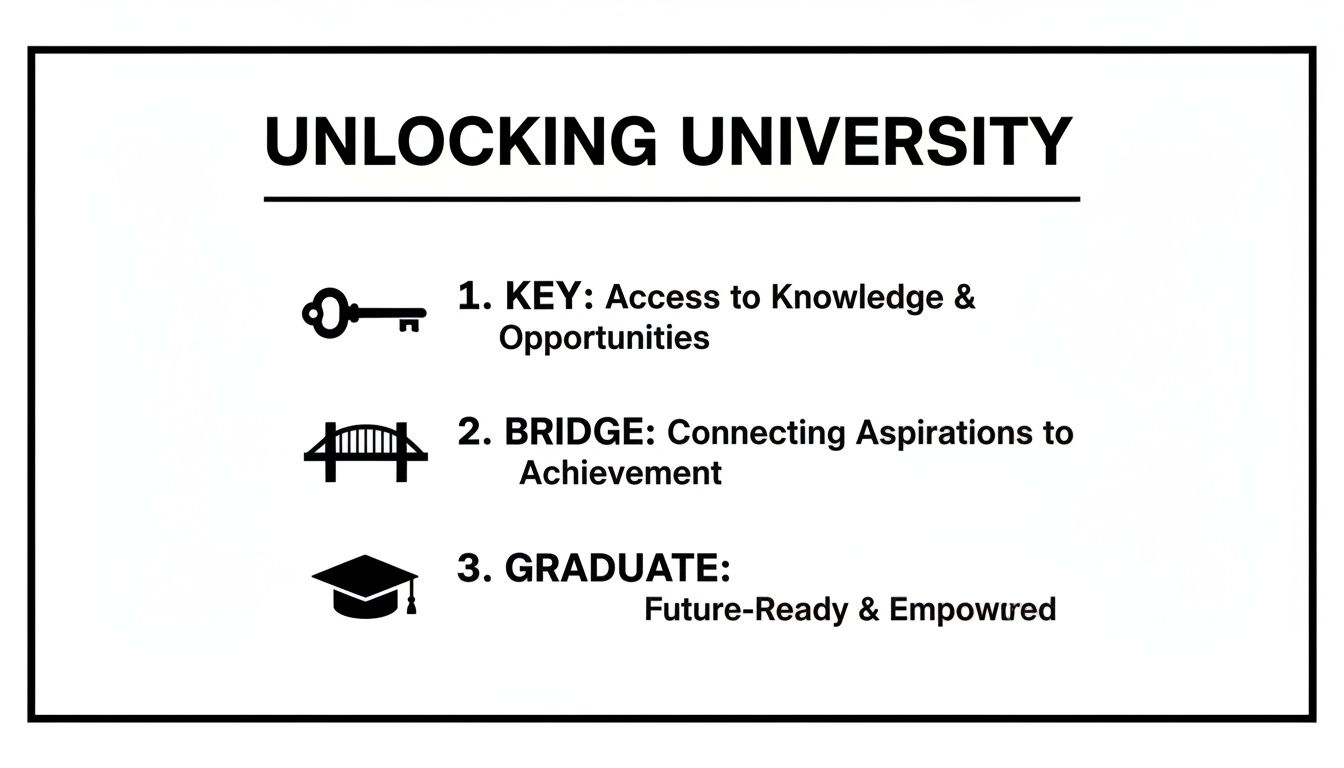 Infographic showing three steps to unlocking university: key, bridge, and graduate. Benefits include knowledge, connections, and empowerment.