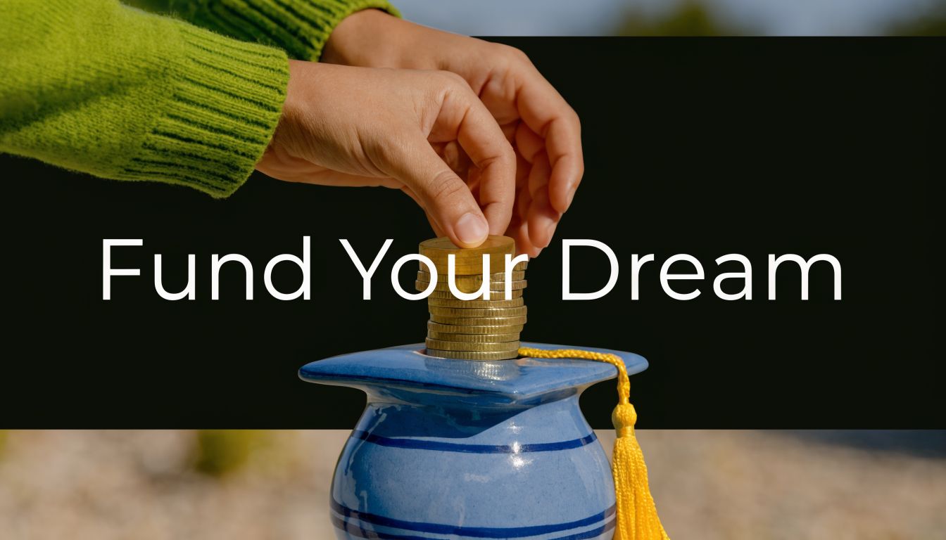 A person placing coins into a blue mortarboard shaped piggy bank to save for education.