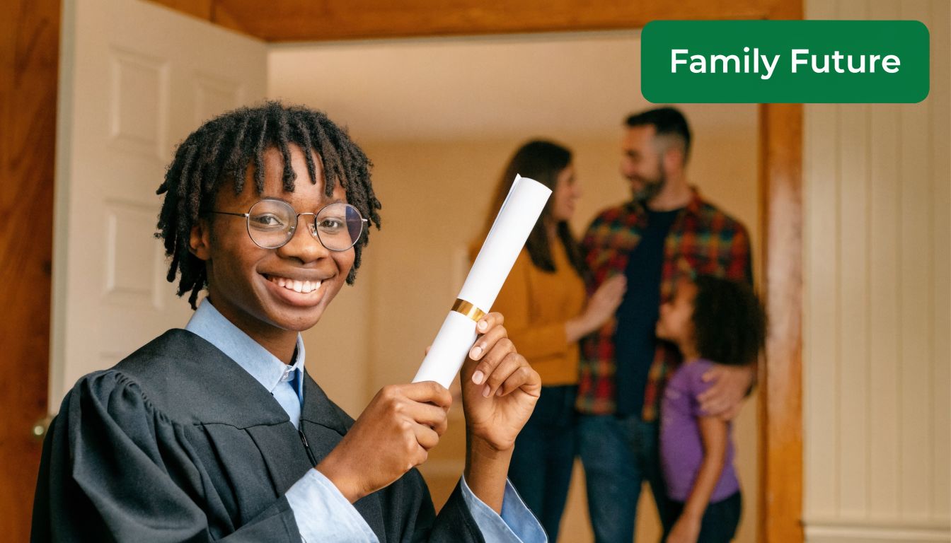 A smiling young graduate holding a diploma scroll with a happy family standing in the background.