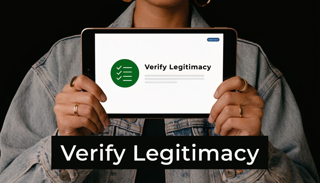 A person holding a digital tablet displaying a Verify Legitimacy icon and text about checking business credentials.
