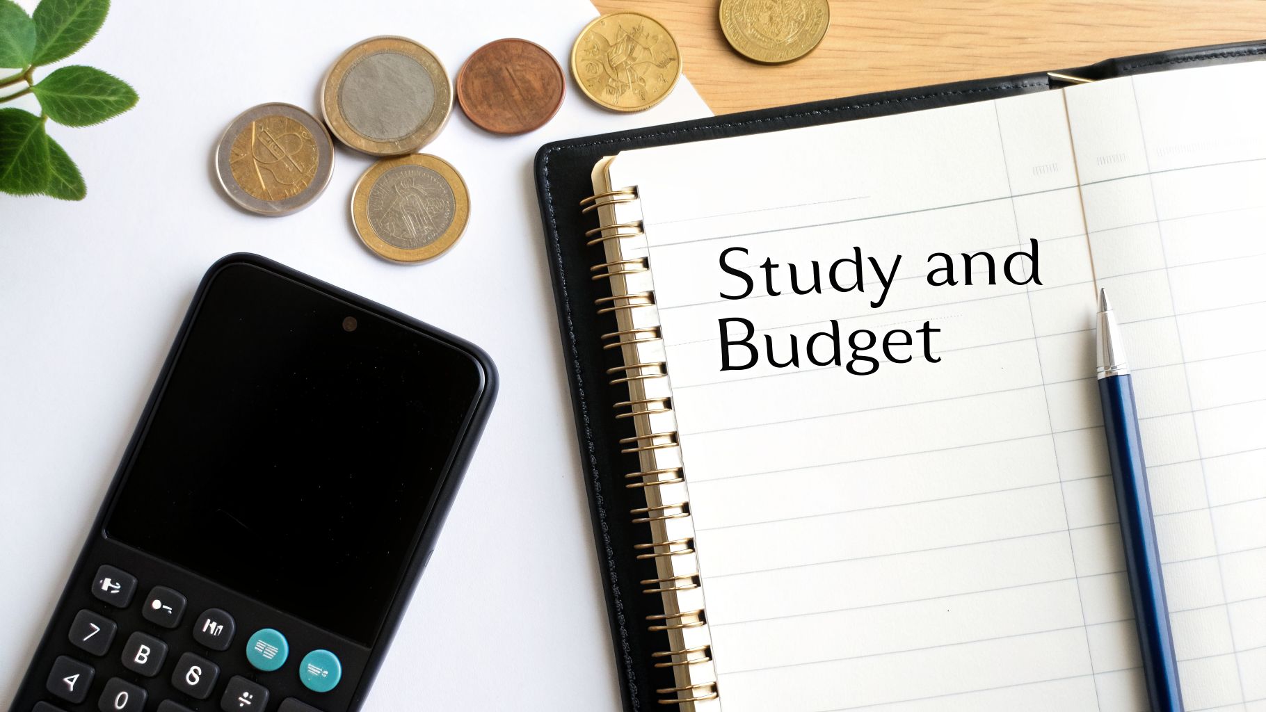 A flat lay shows a notebook with 'Study and Budget' text, calculator, coins, and pen.