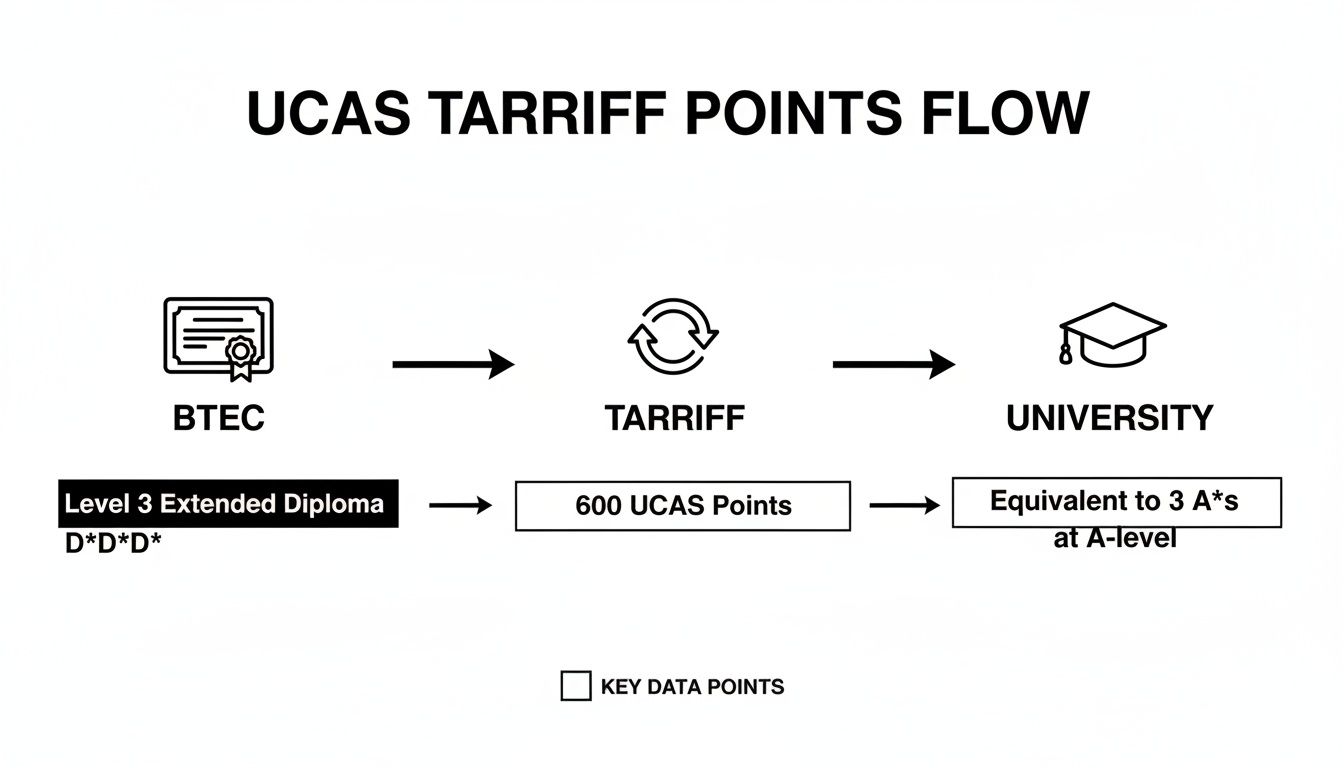 Diagram showing the UCAS Tariff Points flow, converting a BTEC Level 3 Extended Diploma to 600 UCAS points, equivalent to three A*s at A-level, for university admission.