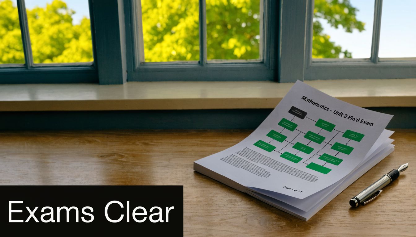 A printed exam paper and a pen sitting on a wooden desk near a bright window.
